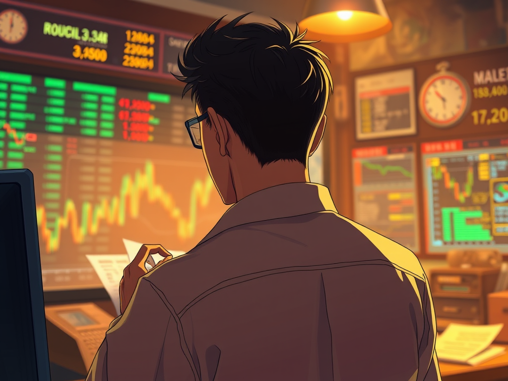 Retro illustration of a trader at a market screen